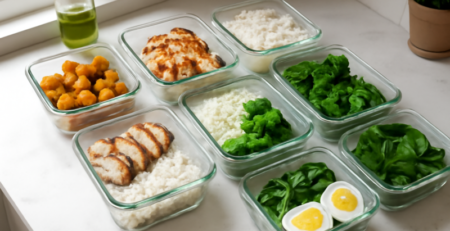 Meal prep bakjes gevuld met rijst, kip, geroosterde groenten en eieren op een keukentafel