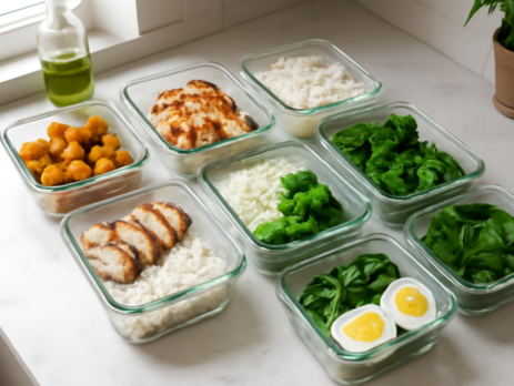 Meal prep bakjes gevuld met rijst, kip, geroosterde groenten en eieren op een keukentafel