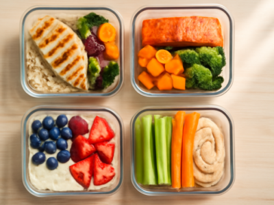 Vier glazen meal prep bakjes gevuld met gezonde maaltijden voor de hele week