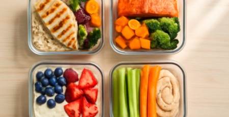 Vier glazen meal prep bakjes gevuld met gezonde maaltijden voor de hele week