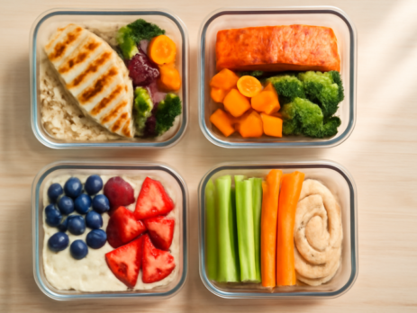 Vier glazen meal prep bakjes gevuld met gezonde maaltijden voor de hele week