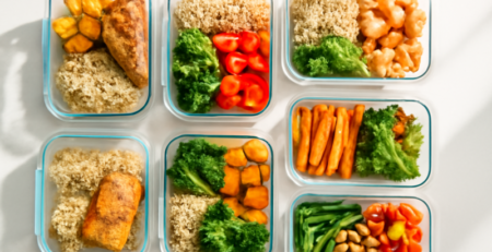 Diverse meal prep containers gevuld met gezonde maaltijden op een keukenblad