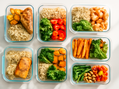 Diverse meal prep containers gevuld met gezonde maaltijden op een keukenblad