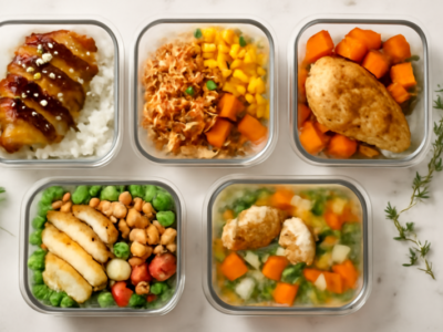 Vijf meal prep bakjes gevuld met verschillende kipgerechten op een marmeren aanrecht