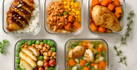 Vijf meal prep bakjes gevuld met verschillende kipgerechten op een marmeren aanrecht