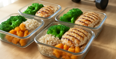 Meal prep bakjes met kip, rijst en groenten klaar voor een spieropbouw weekmenu
