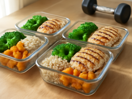 Meal prep bakjes met kip, rijst en groenten klaar voor een spieropbouw weekmenu