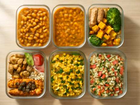 Zeven kleurrijke vegetarische meal prep bakjes met eiwitrijke gerechten op een houten tafel