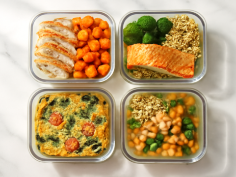 Vier meal prep bakjes gevuld met eiwitrijke avondmaaltijden op een marmeren aanrecht