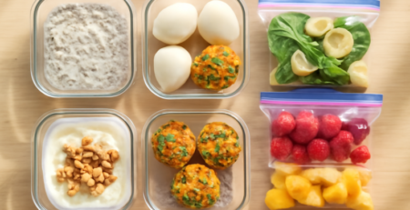 Eiwitrijke ontbijtjes als meal prep in bakjes op een houten aanrecht