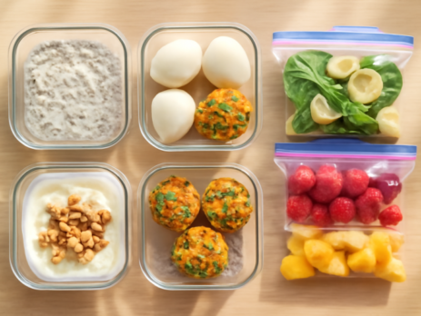 Eiwitrijke ontbijtjes als meal prep in bakjes op een houten aanrecht
