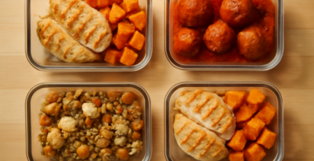 Vier meal-prep bakjes met eiwitrijke avondmaaltijden met vlees op een houten tafel