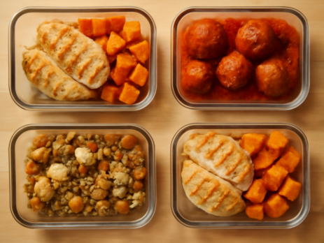Vier meal-prep bakjes met eiwitrijke avondmaaltijden met vlees op een houten tafel