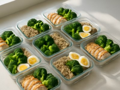 Eiwitrijke meal prep bakjes met kip, eieren en groenten op een keukentafel