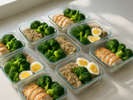 Eiwitrijke meal prep bakjes met kip, eieren en groenten op een keukentafel