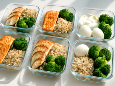 Meal prep bakjes gevuld met kip, zalm, rijst en groenten op een keukentafel