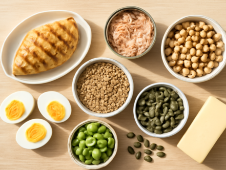 Overzicht van eiwitrijke producten zoals kip, eieren, kwark, linzen en pompoenpitten