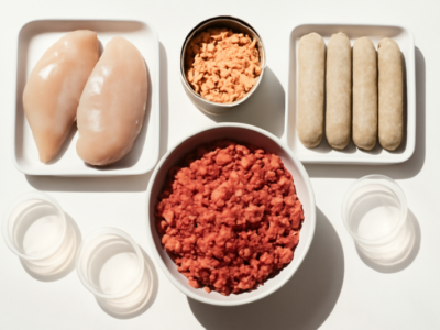 Eiwitrijke vleesproducten voor meal prep: kipfilet, tonijn, rundergehakt en kipworst