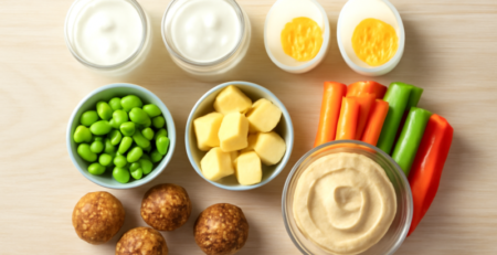 Verscheidenheid aan eiwitrijke snacks op een houten ondergrond, waaronder eieren en yoghurt