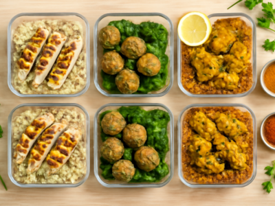 Zes meal prep bakjes met gevarieerde halal kipgerechten op een houten tafelblad