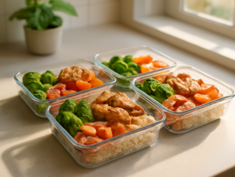 Halal meal prep maaltijden in glazen bakjes op een keukentafel in Nederland