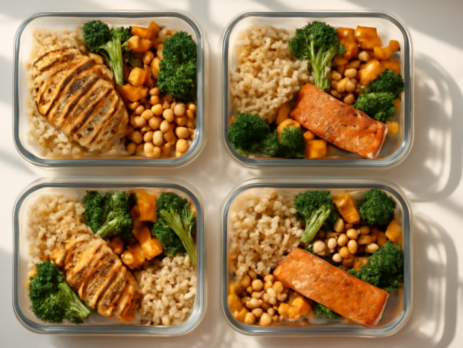 Halal meal prep bakjes met kip, rijst, groenten en zalm klaar voor de week