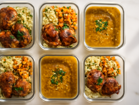 Vijf glazen meal-prep bakjes gevuld met halal kip, couscous en groenten op een marmeren aanrecht