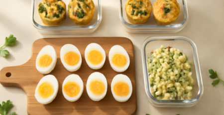 Hard gekookte eieren en eiwitrijke meal-prep bakjes op een houten snijplank