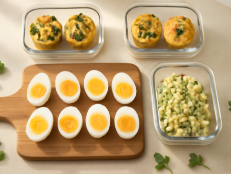 Hard gekookte eieren en eiwitrijke meal-prep bakjes op een houten snijplank