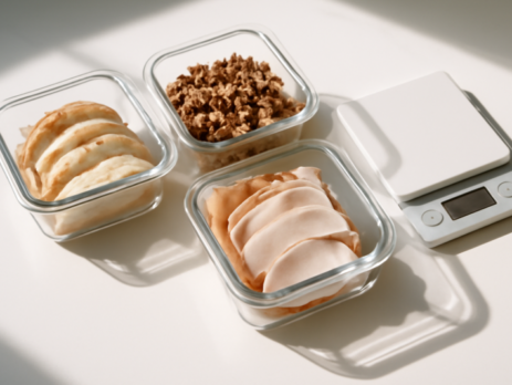 Geportioneerde kipfilet, gehakt en kalkoen in meal-prep bakjes op een keukenweegschaal