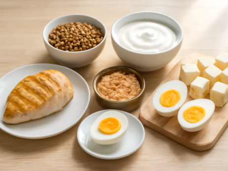 Eiwitrijke voedingsmiddelen zoals kip, eieren, kwark en linzen op een houten tafel