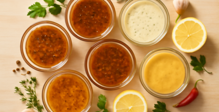 Zes verschillende marinades voor kip in kleine glazen schaaltjes op een houten ondergrond