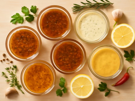 Zes verschillende marinades voor kip in kleine glazen schaaltjes op een houten ondergrond