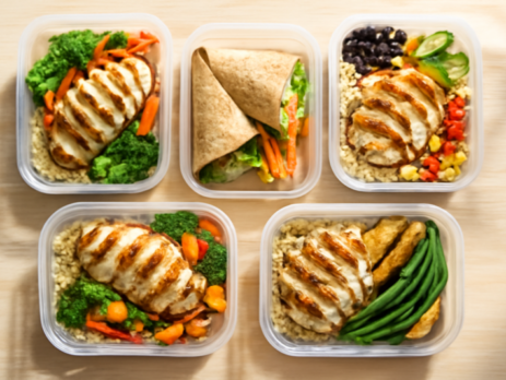 Vijf meal prep bakjes met verschillende kipgerechten onder de 500 kcal op een houten tafel
