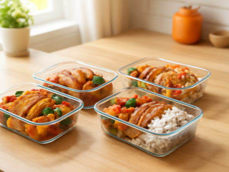 Meal-prep bakjes gevuld met kip, groenten en rijst, klaar voor het gezin