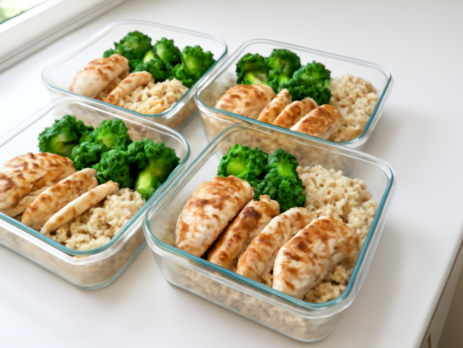 Meal prep bakjes met gegrilde kipfilet, rijst en broccoli voor spieropbouw