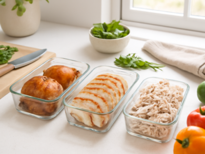 Meerdere maaltijdbakjes gevuld met verschillende bereidingen van kipvlees voor een week mealprep