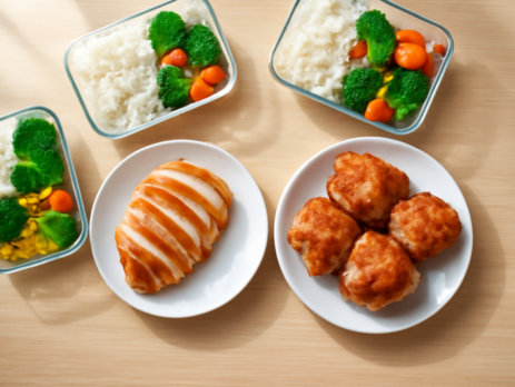 Kipfilet en kippendij naast elkaar op borden, klaar voor meal prep met groenten en rijst