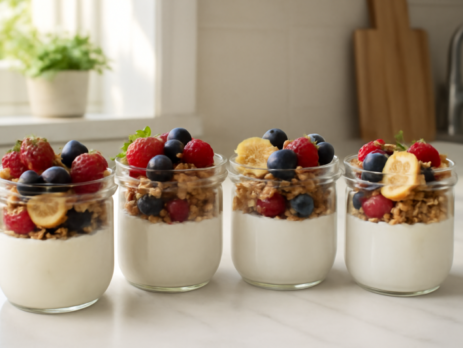 Meal prep potjes gevuld met kwark, verse bessen en granola op een keukentafel