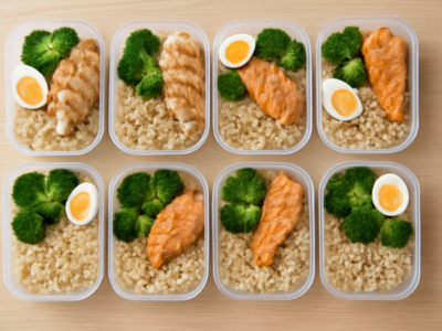Hoog-eiwit meal prep maaltijdboxen met kip, rijst, broccoli en zalm op houten tafel