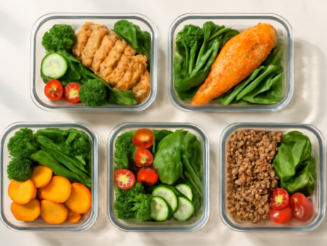 Vijf meal prep bakjes met gezonde caloriearm maaltijden klaar voor de werkweek