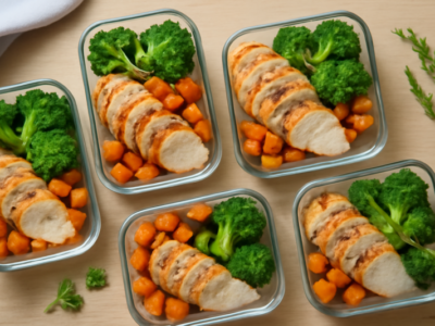 Vier meal prep bakjes met gegrilde kalkoenfilet, zoete aardappel en broccoli