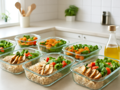Meerdere glazen meal prep bakken gevuld met rijst, kip en groenten op een keukentafel