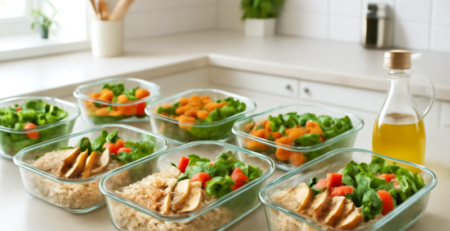 Meerdere glazen meal prep bakken gevuld met rijst, kip en groenten op een keukentafel