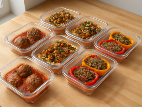 Zeven meal prep bakjes gevuld met gehaktmaaltijden onder de 500 kcal op houten tafel