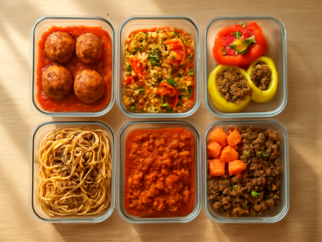 Zes meal prep bakjes gevuld met verschillende rundergehakt recepten op een houten aanrecht