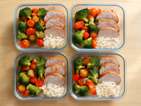 Meal prep bakjes gevuld met gegrilde varkenshaas, rijst en geroosterde groenten