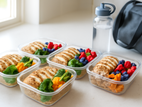Meal prep bakjes met kip, rijst en groenten klaar voor voor en na de training