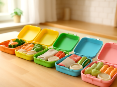 Vijf kleurrijke lunchboxen gevuld met gezonde groenten, fruit en broodjes op een keukentafel