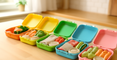 Vijf kleurrijke lunchboxen gevuld met gezonde groenten, fruit en broodjes op een keukentafel